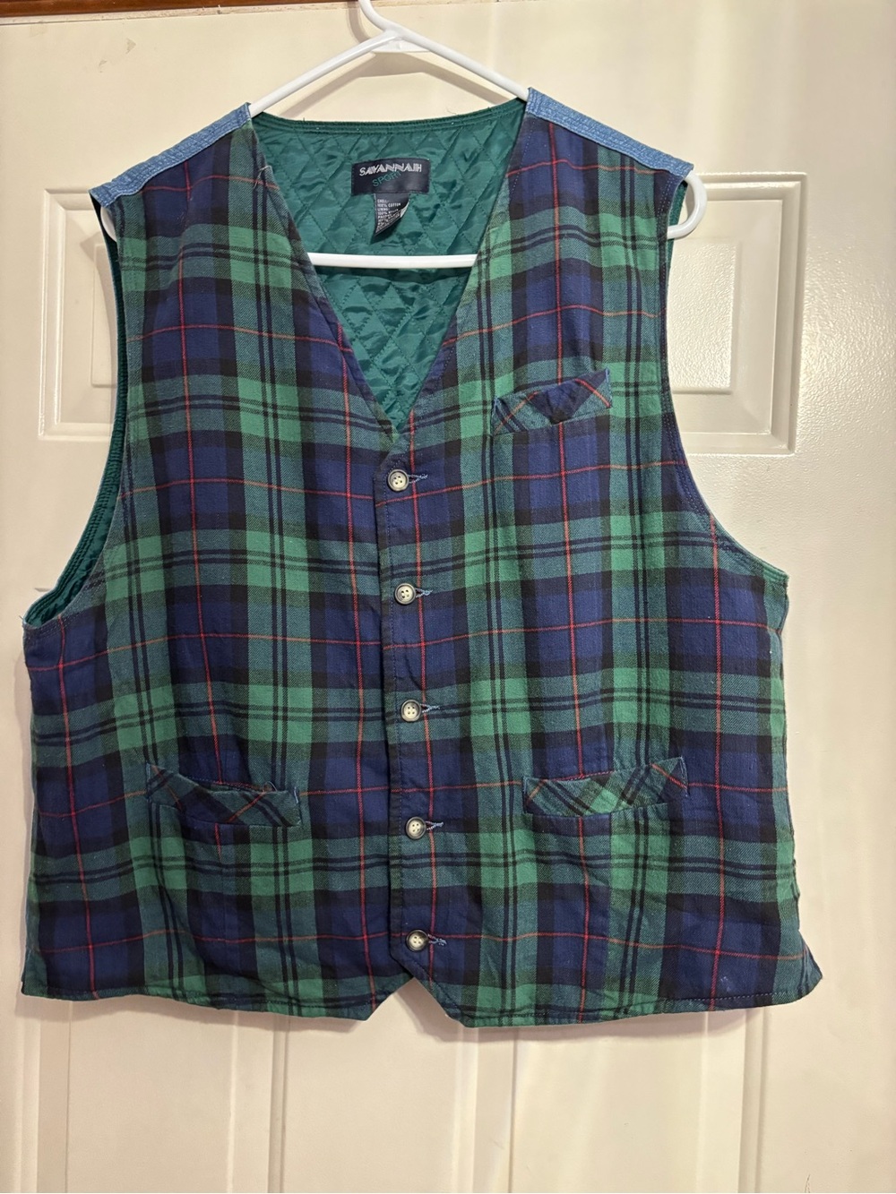 Adorable mixed fabric vintage vest with tartan flannel, quilting and denim back